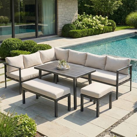 Salle à manger de jardin pour 9 personnes en angle : acier galvanisé, plateau bois plastique, tables, bancs, chaises, canapés, beige (1/5)