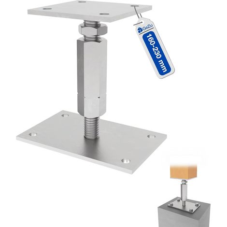 Pied de poteau carré réglable galvanoplastie 100 x 160 mm – hauteur ajustable 180 à 230 mm avec platine bois pour clôtures – GeZu Impex (1/5)