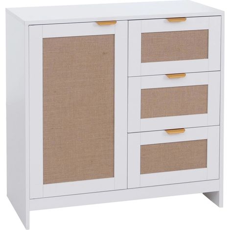 Cassettiera con 3 cassetti e 2 scomparti frontale effetto lino 80 x 80 x 40 cm MDF melaminico bianco maniglie dorate 040008719