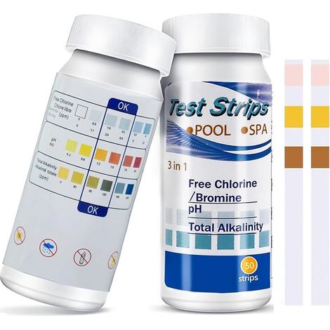 50 Bandelette Piscine,Bandelettes Test,3 en 1 pour Piscine,Chlore et pH,Bandelettes de Test 3 en 1 pour Spa,pH et Chlore Résiduel CI,Testeur Chimique Précis,Papier de Test de Dureté de l'eau (1/4)