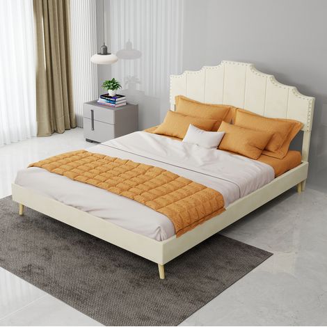 Letto matrimoniale imbottito 140x200 cm con rete a doghe e testiera beige DESVIAE (1/4)