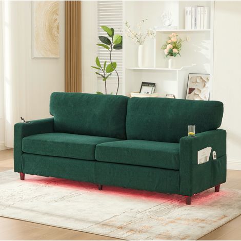 Divano 2 posti in chenille smeraldo con USB-C, LED dimmerabile e portabicchieri, 203 cm (1/5)
