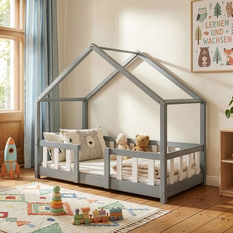 Cama para niños Treviolo forma de casa pino 70x140 cm Gris claro / Blanco [en.casa] (1/5)