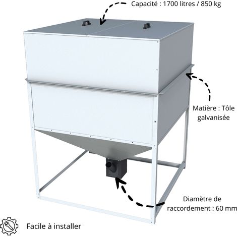 Klimosz – Trémie granulés 1700 litres – Capacité 850 kg – Tôle galvanisée résistante à la corrosion – Pour systèmes de chauffage bois