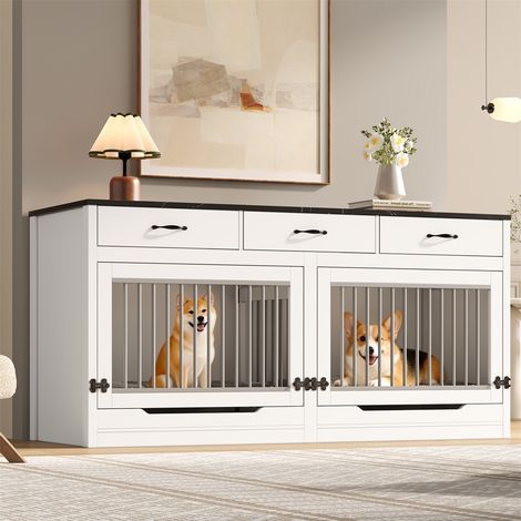 Cage pour Chien XXL Style Meuble - 164x60x81 cm - Niche d'Intérieur avec 3 Tiroirs et Cloison Amovible - Blanc et Noir (1/5)