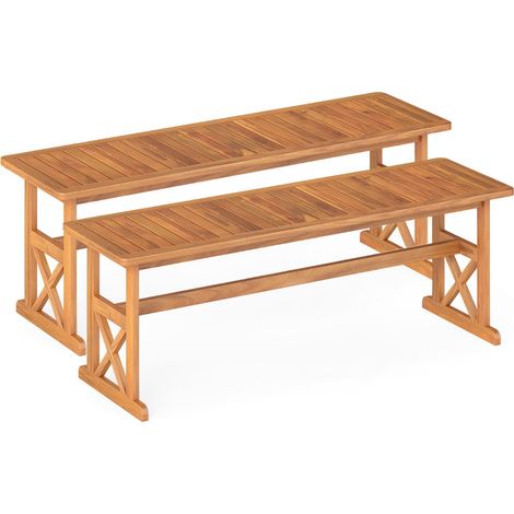 Lot de 2 bancs de jardin sans dossier en bois d’acacia massif, pour 2 à 3 personnes, assise à lattes finition naturelle, mobilier extérieur pour terrasse et balcon (1/4)