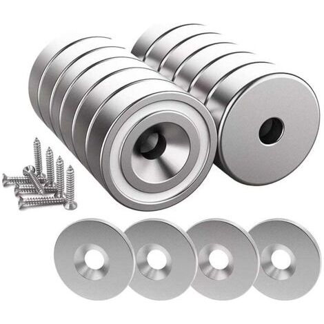 12 imanes de neodimio de 10 kg de fuerza, 20 x 7 mm, con orificio y cápsula, imán de cazoleta avellanado con tornillo y 12 almohadillas de acero (plata brillante). (1/4)