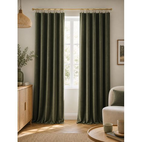 Lot de 2 rideaux velours thym 140 x 270 cm ajustables – Anneaux pince – Coton épais – CÉSAR