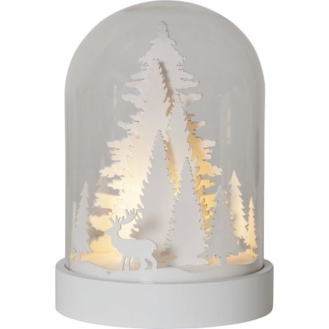 Décoration LED "Kupol", blanche, dôme en verre avec motifs de Noël, LED blanc chaud, minuterie, batterie, 17,5 cm (1/4)