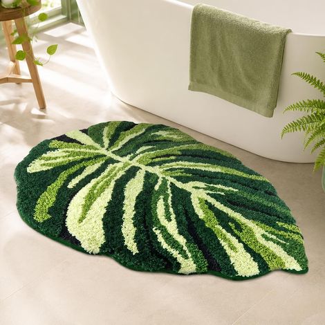 CCYKXATapis de Bain Feuille de Monstera, Tapis Doux et Moelleux, Antidérapant et Absorbant, Lavable, Tapis de Sol pour Douche et WC 60x90 cm (1/5)