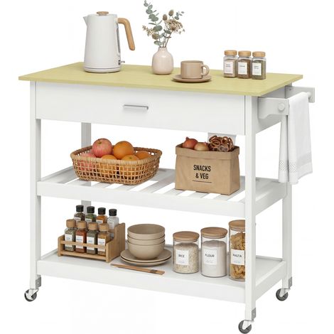 Desserte de cuisine - HOMCOM - sur roulettes - plan de travail, tiroir, étagères, porte-serviettes - MDF - 108,8x51x92,5cm - blanc (1/5)