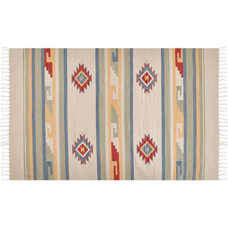 Alfombra kilim de algodón beige azul rojo 140 x 200 cm a mano geométrico borlas Aparan