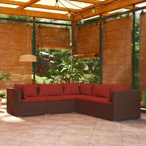 Salon de jardin 5 pcs Ensemble Table et Chaise de Jardin - avec coussins Résine tressée Marron BV852152 - BonneVie (1/5)