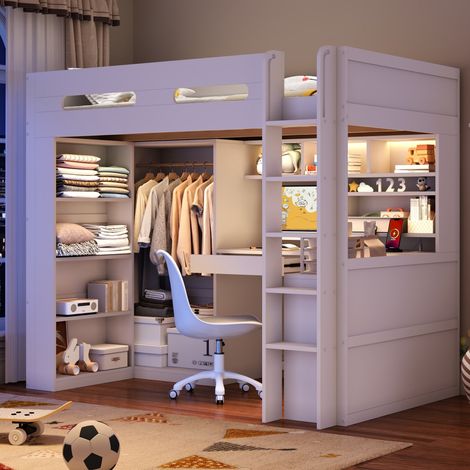Letto a soppalco 90x200 cm con scrivania, 1 cassetto, scaffali, armadio aperto, LED e USB, bianco (1/5)