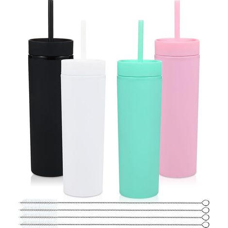 480ml Mug en plastique avec couvercle et paille Bulk 4 Pack, Isolé Double Paroi Bpa Free Matte Acrylique Gobelets, Café glacé Voyage Gobelets Party Cup,Diy(Couleur D'attribution,4 Set) (1/5)