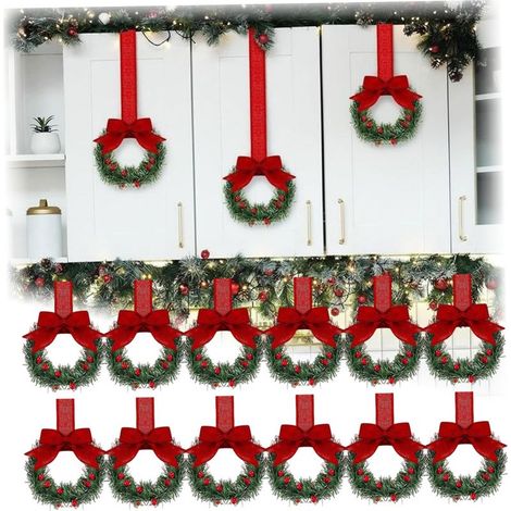 12pcs 13cm Mini Christmas Wreaths for Kitchen Cabinets, Artificial Norfolk Pine Wreath with Berries and Bow, Small Wreath for Centerpiece Table Table (Style 1) (1/5)