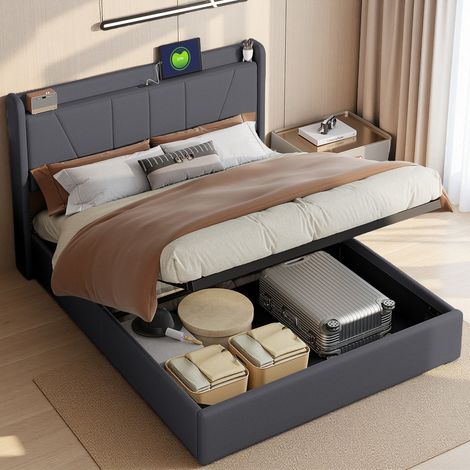 Lit Coffre 160x200 cm, Lit 160x200, Tête de Lit avec Chargement USB,
Lit Capitonné, Sommier à Lattes, Système de Levier Hydraulique, Gris (1/5)