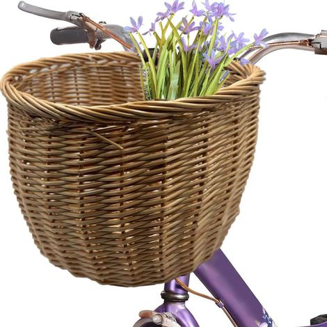 Cestino bici in vimini intrecciato e multiuso colore Marrone Chiaro con cinturini in pelle regolabili - Misura 29x23x25 cm (1/5)
