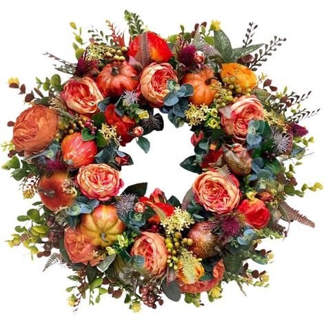 Künstlicher Kürbiskranz, Herbstblumenkranz für drinnen und draußen, runder Türkranz, Erntedankkranz (1/5)