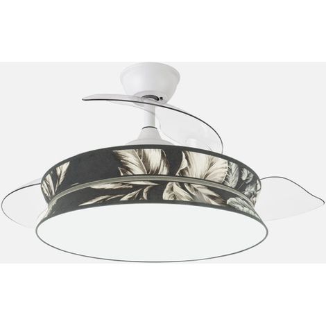 ABRILA - Ventilador Decor 72W Blanco/Estampado Oscuro  Ventilador DC con 3 Aspas Desplegables  Tecnología LED 7200lm  Control Remoto con Memoria de Color y Temporizador  3 Temperaturas de Luz