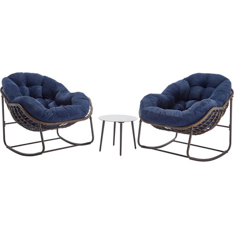 Fauteuil à bascule extérieur en rotin synthétique avec coussin rembourré bleu foncé (1/5)
