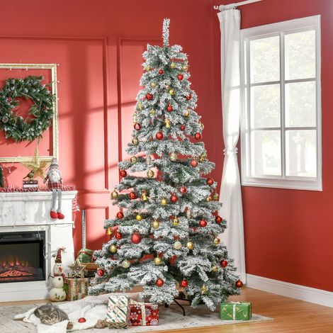 Sapin de Noël artificiel enneigé de 225 cm, avec 1083 branches et un support en métal, vert et blanc, idéal pour le salon.