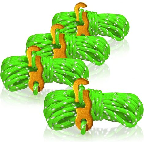 4x Hauban, Corde de tente, Boucle en aluminium, Bandes réfléchissantes, Vert, Pour camping