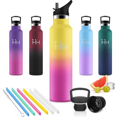 Gourde 1L, Gourde avec Paille, Étanche et sans BPA, Bouteille Acier Inoxydable, à Double Paroi, Bouteille D'eau avec Filtre, Réutilisable, pour Yoga, Camping, Outdoor (1/5)