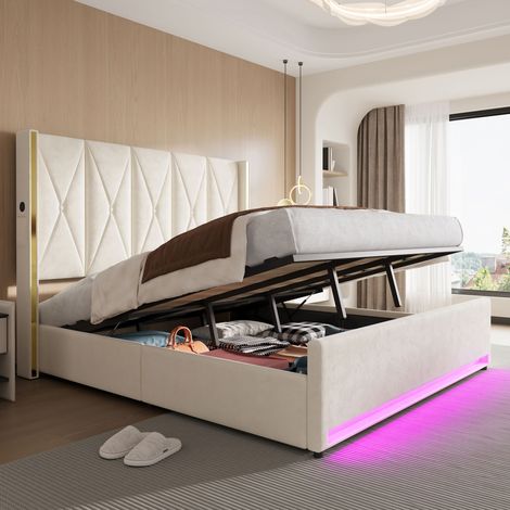 Lit velours matelassé 180x200, tête de lit rembourrée avec rangements latéraux, ports USB et éclairage LED, sommier relevable hydraulique, grand coffre de rangement intégré – confort, style et pratici (1/5)