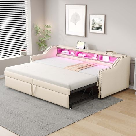 Lit gigogne 90/180x200 cm, canapé-lit rembourré, rangement, LED et USB, sommier à lattes, beige (1/5)