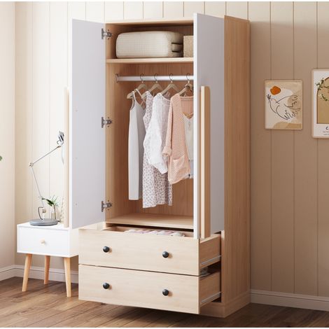 Armoire 70x40x170 cm blanc et bois en bois avec 2 portes, 2 tiroirs et compartiment de rangement (1/5)