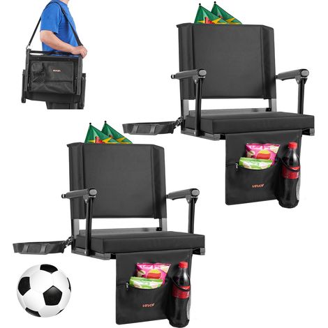 Siège de stade pliable, 2 pcs, chaise de gradin avec accoudoir, support dorsal et coussin épais, chaise de stade rembourré avec bandoulière, crochets, porte-gobelet, pour événement sportif, noir (1/5)