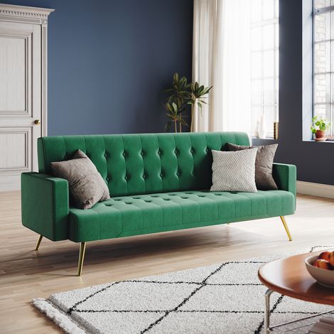 ELEGANT Modern Sofa Bed 3-level Adjustable Backrest Ultra Soft Material Velvet Cloth High-bounce Sponge Multi-person Sofa Green, 192x79x75cm (1/5)