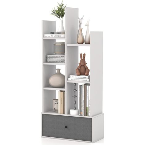 COSTWAY Libreria in Legno a 7 Piani, Scaffale Multifunzionale con 1 Cassetto e 7 Scomparti, Scaffale Espositivo per Soggiorno Studio Ufficio, 53x24x118 cm (Bianco, 1 cassetto) (1/4)