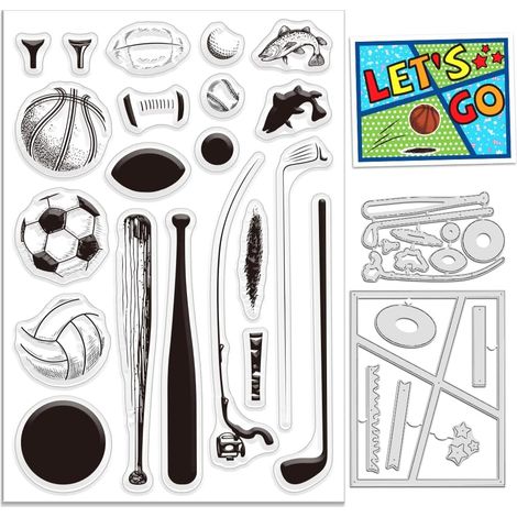 Lot de 3 tampons et matrices de découpe en silicone pour la fabrication de cartes de baseball, cadre carré, matrices de découpe en métal, motif poisson en caoutchouc transparent pour (1/5)