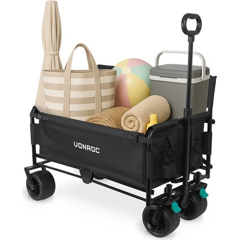 VONROC Chariot avec fonction banc – Chariot et banc de détente en un – Parfait pour les journées au parc, à la plage ou en festival – Capacité de charge 120 kg – 115 L – Noir (1/5)