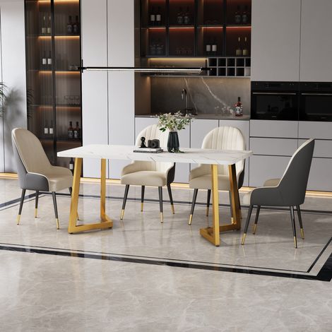 Tavolo da pranzo 117x68x75 cm bianco e oro in MDF con effetto marmo e gambe in metallo (1/5)