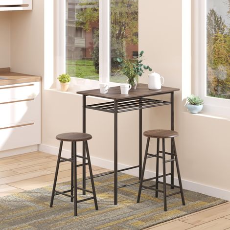 Conjunto de mesa alta 80x50x90 cm con 2 taburetes, con estante de almacenamiento, MDF negro (1/5)