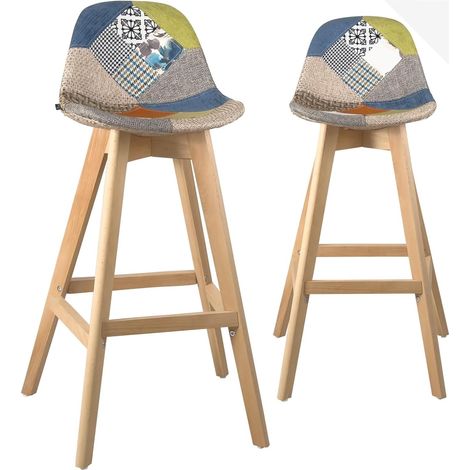 Ensemble de 2 chaises de bar scandinaves, hauteur 67 cm, assise en patchwork, pieds en hêtre naturel Mali (motif floral). (1/5)