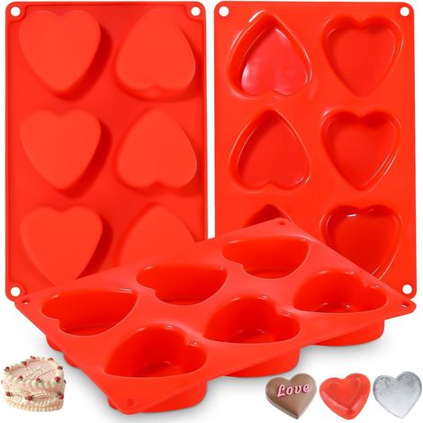 Moldes de silicona para chocolate, jabón en forma de corazón de 6 compartimentos para pastel de San Valentín, pudín y gelatina hechos a mano, juego de 3 moldes de silicona rojos (1/5)