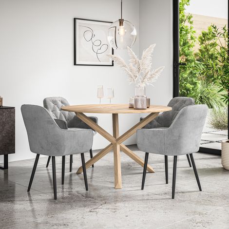 Malvern Round Dining Table And Chairs - Oak Table Top w Solid Oak Legs + Anika Velvet Dining Chair Set Of 4 (Grey) (1/5)
