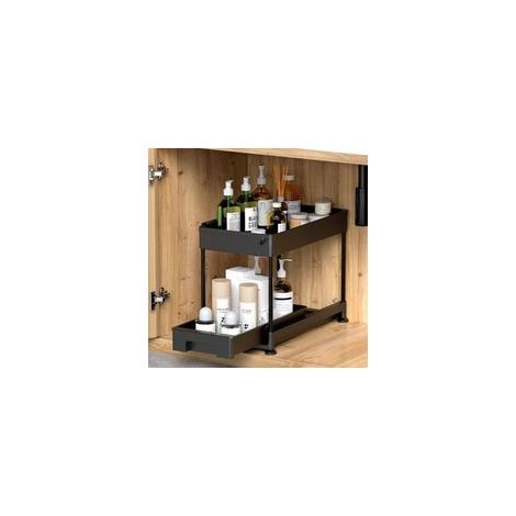 Zweistöckiger Küchenunterschrank mit Schublade, multifunktionales Regal mit Haken für Küche, Bad und Waschküche, Schwarz (1/5)