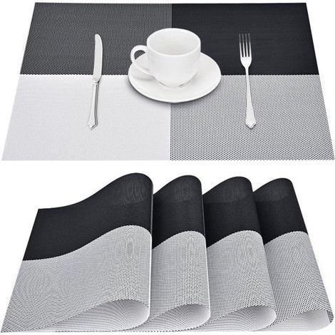 Juego de manteles individuales - Manteles individuales de vinilo - Protectores de escritorio - Resistentes al calor y antideslizantes - 4 piezas, 30x45 cm - Blanco y negro (1/2)