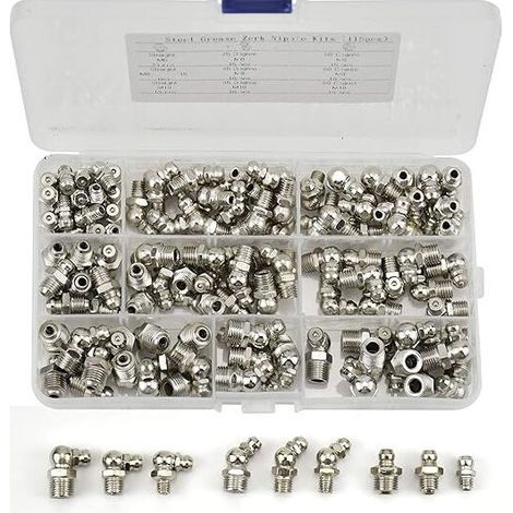 115 Pièces Assortiment de graisseurs M6 M8 M10 Raccords Filetés de Graissage en Fer Nickelé Droit et Coudé 45°/90° pour Équipement Mécanique graisseur (1/5)