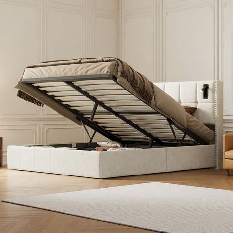 Cama 160x200 cm, YTT, lámpara, Decoración de uñas de cobre, hidráulica, cama doble, marco de cama para adultos 160x200 cm, Terciopelo, beige (1/5)