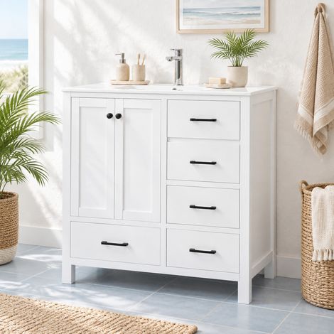 Mueble de baño con lavabo 76 x 46 x 82 cm, 4 cajones, estantes regulables, blanco DESVIAE (1/5)