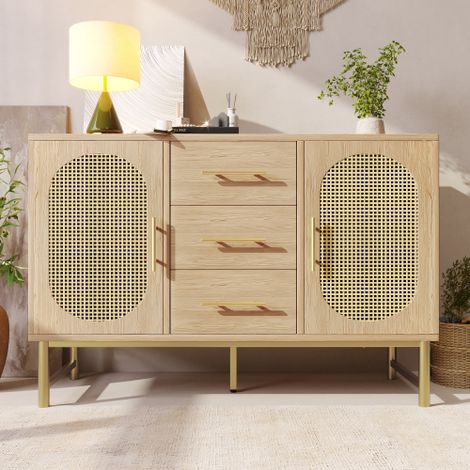 Buffet en rotin avec 3 tiroirs et 2 portes en rotin, commode, coiffeuse, pour chambre et salon, étagères réglables, dispositif anti-basculement, chêne Sonoma