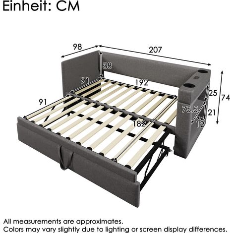 Canapé-lit rétractable rembourré 90x190 cm, canapé convertible simple avec mécanisme escamotable, accoudoirs équipés de ports USB & Type-C et porte-verres, tissu lin mélangé gris, sans matelas.