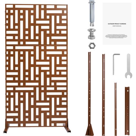 Mophorn Metal Privacy Screen, 47" W x 76" H, 3-Panel Outdoor Divider, Freestanding Steel Garden Privacy Fence for Balcony, Patio, Indoor Room, Brown