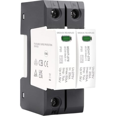 Parafoudre de Type T1+T2 Dispositif de Protection Contre Les Surtensions 2P 20kA-50kA 275V AC parasurtenseur parafoudre domestique Montage sur Rail DIN Protection contre la foudre (1/5)